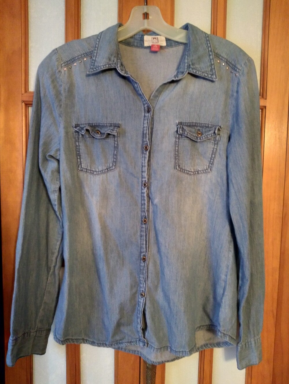 Women's Jr's Vintage Y2K Chambray Denim Shirt With Silver Studs By L.E.I. Sz 7-9
